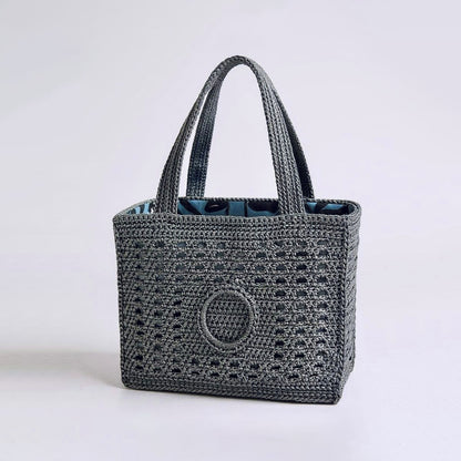 Grey blue crochet large sqare tote bag