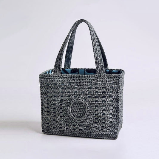 Grey blue crochet large sqare tote bag
